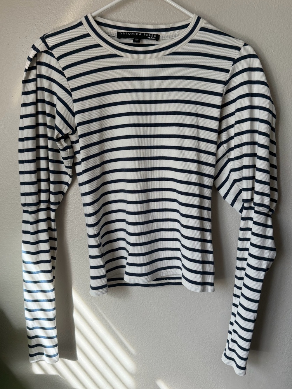 Veronica Beard Navy and White Striped Puff-Sleeve Long Sleeve Top XS Preppy